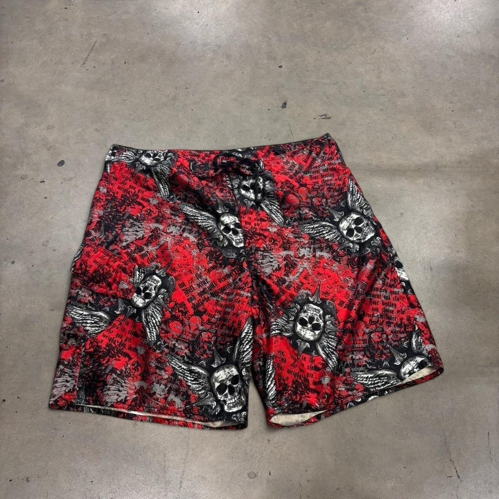 Joe Boxer Mens 36 Swim Shorts Red Black Skull Wing Y2K Gothic Board Shorts